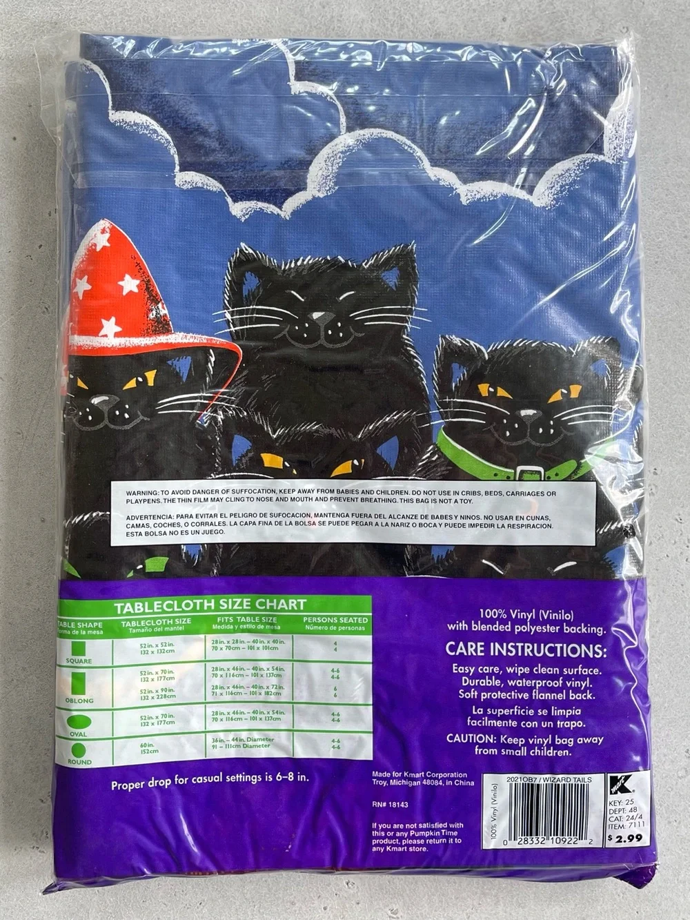 Vintage Halloween Vinyl Tablecloth Witchy Black Cats Pumpkin Time 90s 52”x70”